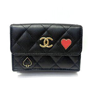 CHANEL Authentic Black Caviar Leather Heart Wallet
